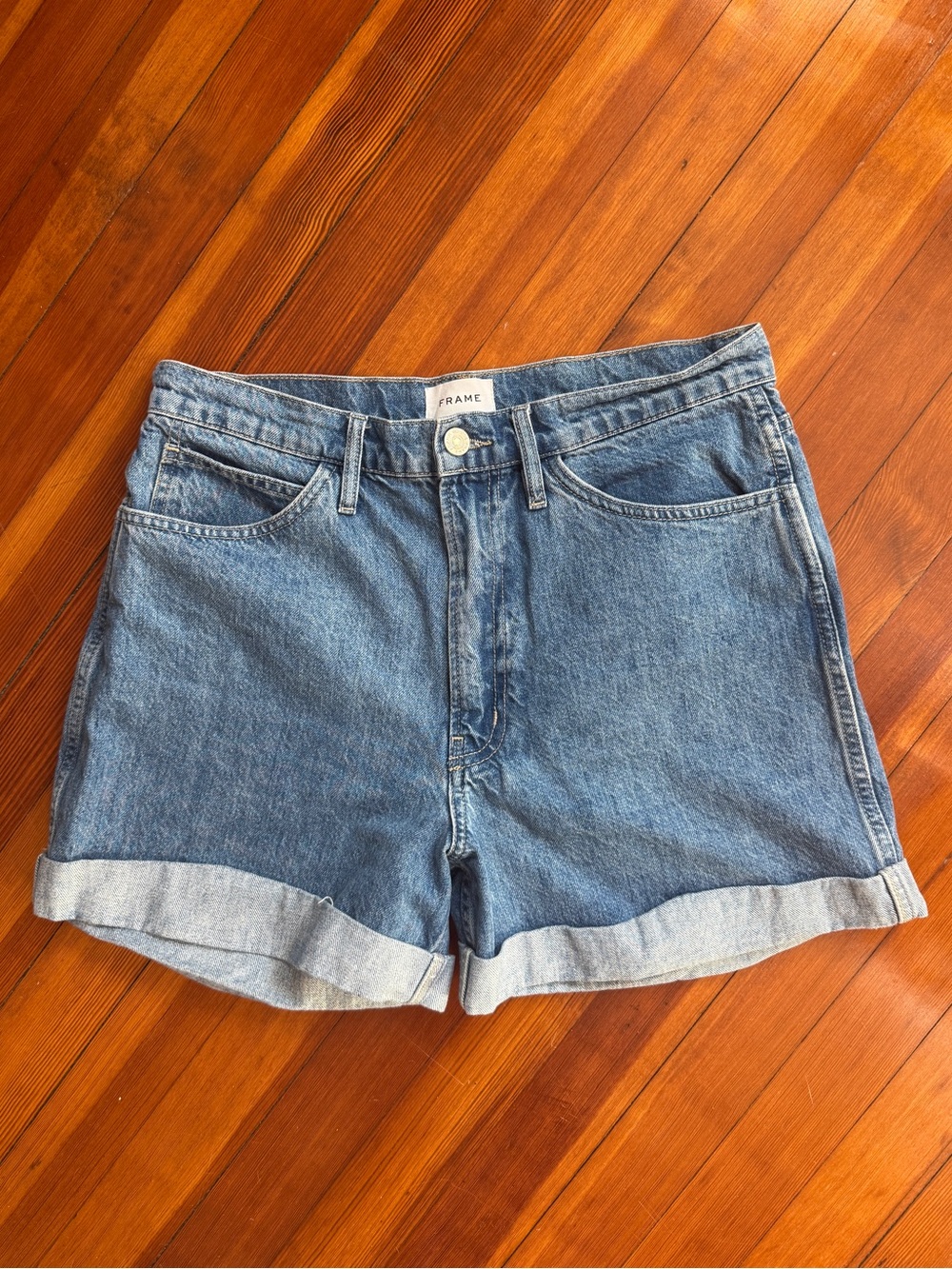 Frame Denim Mid-Blue High-Rise Rolled Hem Jean Shorts mid length size 30 cotton